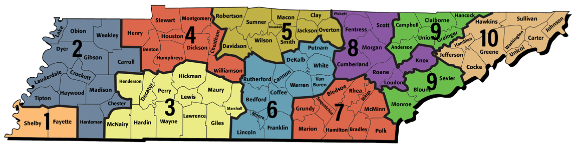 Uniserv map of district numbers and counties